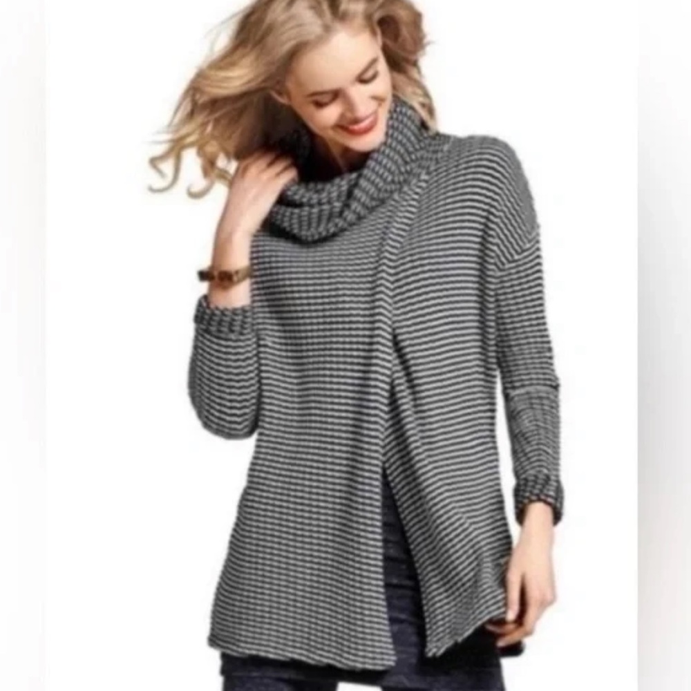 Cabi Striped Black and White Fergie Turtleneck Split Breastfeeding Sweater